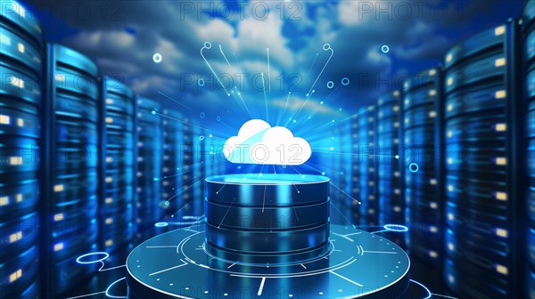 Futuristic data center with a glowing cloud symbol denoting cloud computing, AI generated