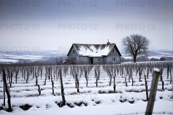 Rustic vineyard cottage in a winter vineyard landscape with snow, AI generated