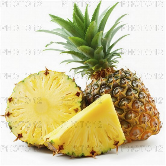 Tropical pineapple displayed with slices revealing its juicy, yellow flesh, AI generated