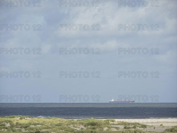 Cargo ship on the sea under cloudy sky near the coast, lonely beach with dune grass in the