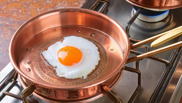 Metal, copper, a fried egg is fried in a copper pan