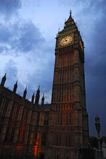 Big Ben at dusk left parts of Westminster Hall, Bridge Street, London, England, Great Britain