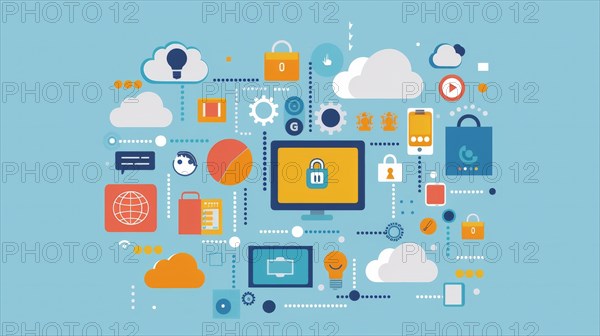 Colorful abstract flat design of cloud computing and internet security icons, AI generated