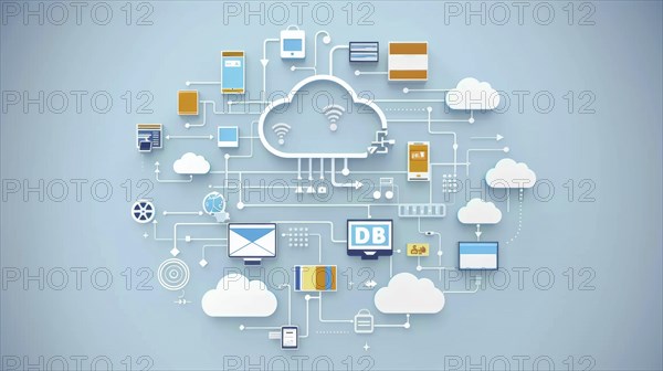 Digital illustration depicting a cloud network with various technology icons connected in a