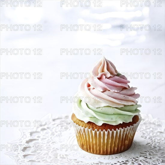 Cupcake with swirling pastel frosting on a matte grey backdrop, AI generated