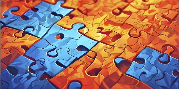Illustration of scattered blue and orange puzzle pieces sprawled across as a wallpaper background,
