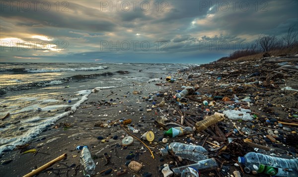Beach littered with plastic bottles and garbage, ecological problems AI generated