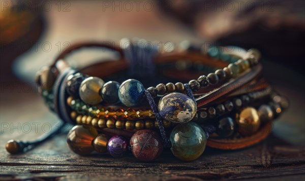 A leather wrap bracelet adorned with natural gemstones and antique beads AI generated