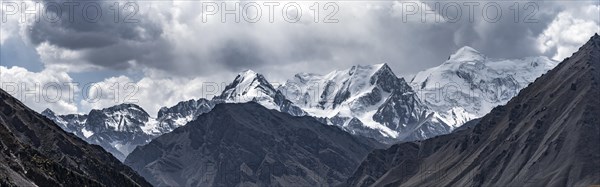 Glaciated and snow-covered mountain peaks, Tian Shan, Sky Mountains, Engilchek Valley, Kyrgyzstan,