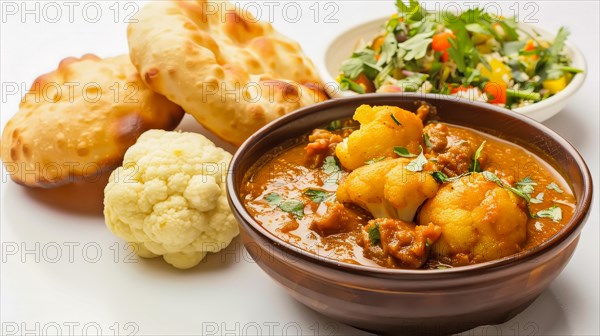 A bowl of curry with naan bread and side salad, displaying vibrant colors of Indian cuisine, AI