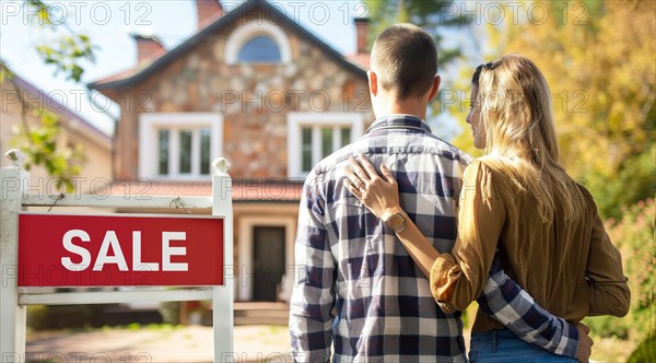 House for sale. Happy new buyer couple stand in front of modern luxury real estate intending to