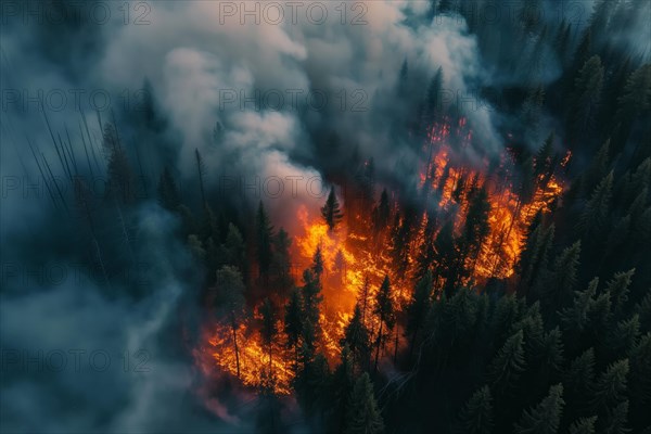 Aerial view of a forest fire is raging through a forest, with smoke and flames visible in the air.