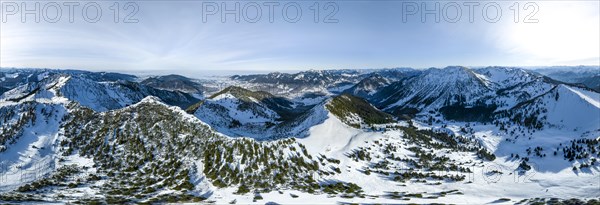 Winter, Alpine panorama with Aiplspitz, Schliersee and Mangfall mountains, Bavarian Prealps,