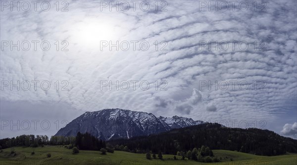 Cloudy mood over the Grimming, panoramic shot, near Bad Mitterndorf, Styria, Austria, Europe