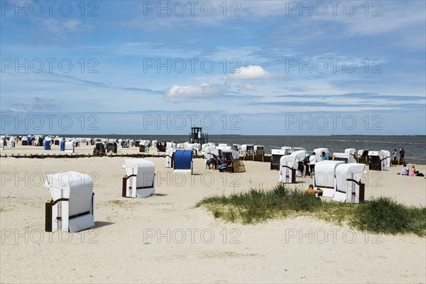Beach chairs on the sandy beach, Harlesiel, Carolinensiel, East Frisia, Lower Saxony, Germany,