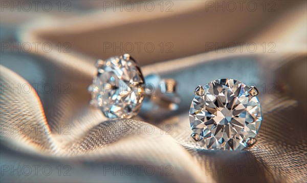 A pair of sparkling diamond earrings arranged on a sleek satin material background AI generated