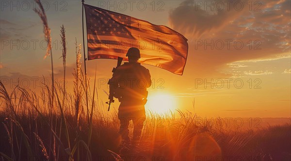American patriot soldier stand in front of the flag. Concept of fighting for freedom and democracy,