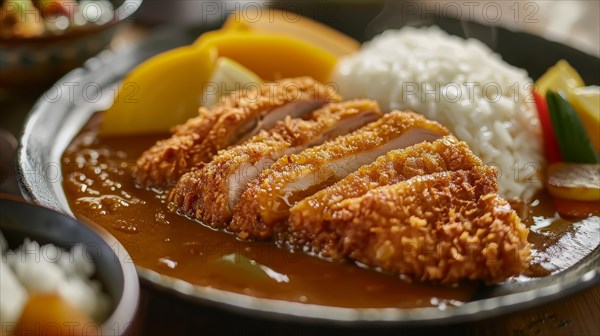 Close-up of tonkatsu with rice, sliced cabbage, and lemon wedge, AI generated