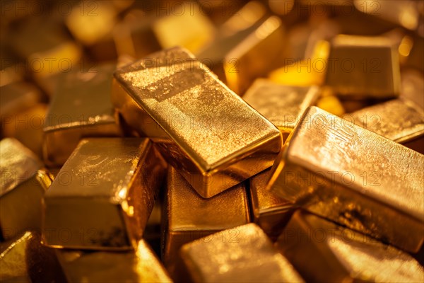 Banking finance concept background, pile of gold bars bullions ingots close up, AI generated
