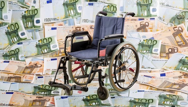 Symbolic long-term care insurance, care costs, disability, a wheelchair stands on a surface of euro