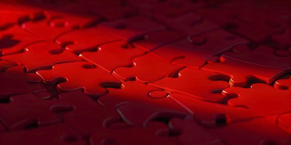 Illustration of scattered red puzzle pieces sprawled across as a wallpaper background, AI generated