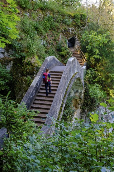 Hikers on the Devil's Bridge on the Danube, Inzigkofen Princely Park near Sigmaringen, Upper Danube