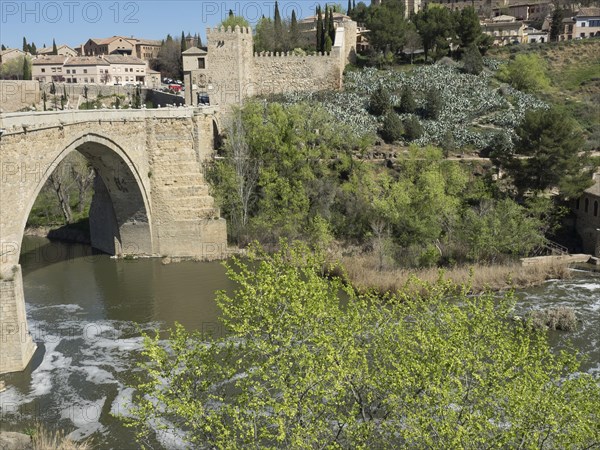 Stone bridge over a river surrounded by green trees and historic architecture under a blue sky,