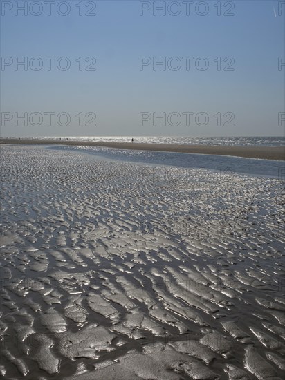 Wide beach with undulating sand surface and reflecting watercourse under a clear sky, glittering