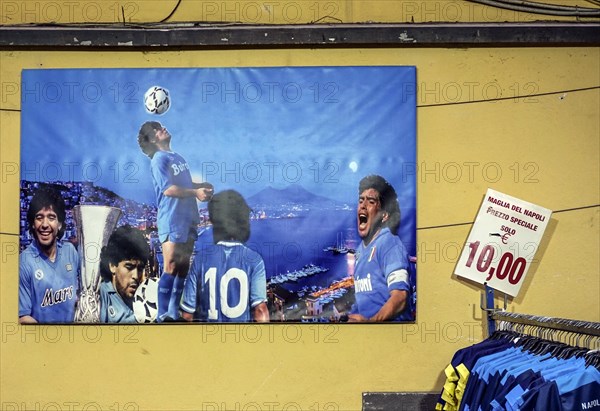 Diego Maradonna poster at a boutique. Maradonna brought success to SSC Napoli in the 1980s, Naples,