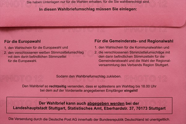 Ballot paper envelope, light red, instruction, postal vote, official postal voting documents,