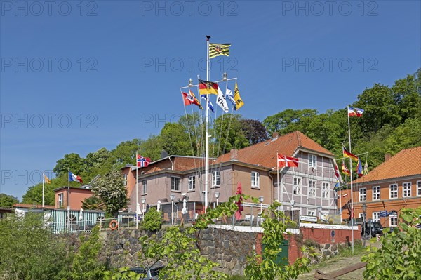 Flags, houses, harbour, old town, Lauenburg, Schleswig-Holstein, Germany, Europe