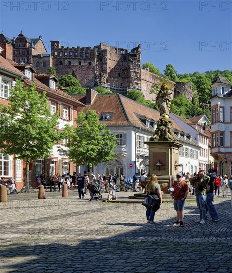 Mother of God Fountain at Kornmarkt and Heidelberg Castle, Old Town of Heidelberg, Heidelberg,