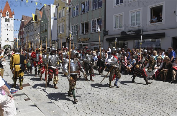 Tradition. Frundsberg Festival in Mindelheim in the Unterallgaeu. Parade through the town, Allgaeu,