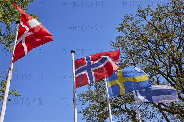 Scandinavian flags of Denmark, Norway, Sweden and Finland in Niebuell, district of Nordfriesland,