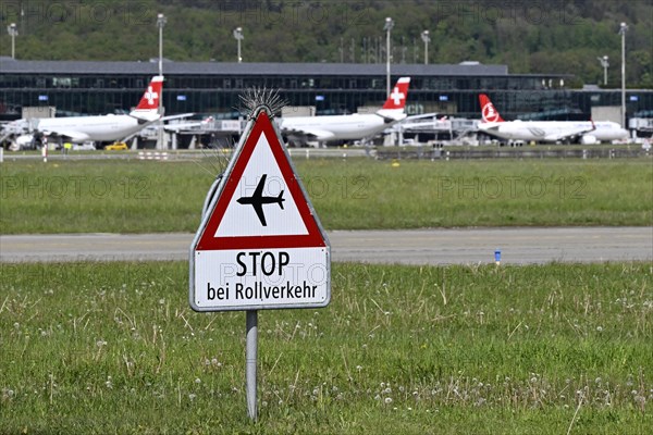 Attention sign Stop for taxiing traffic, Zurich Kloten, Switzerland, Europe