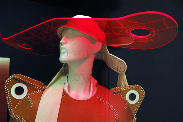 Fashion mannequin with modern hat design and leather shirt (fashion department) of the Victoria &