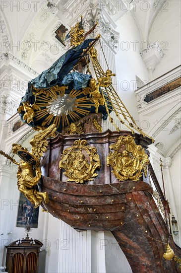 The pulpit, former monastery church of St. Peter and Paul, Irsee monastery or abbey, former