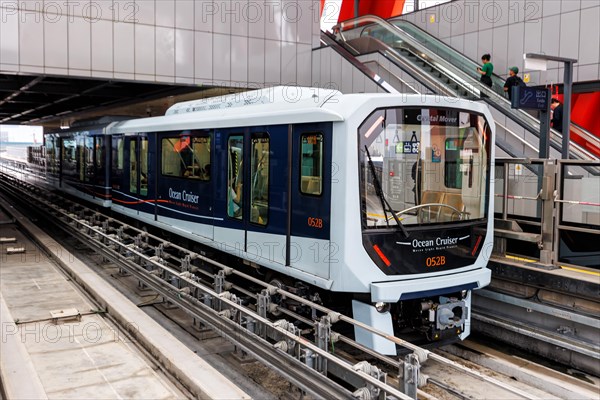 Driverless train Macao Light Rapid Transit at the airport public transport stop in Macau, China,