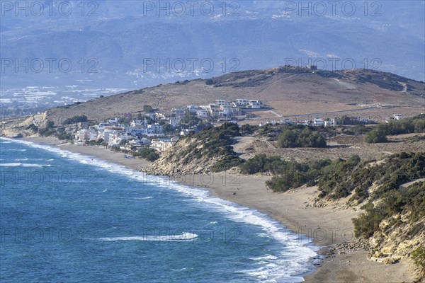 View from elevated position point of view on aerial view of beach of Komos Beach on south coast of