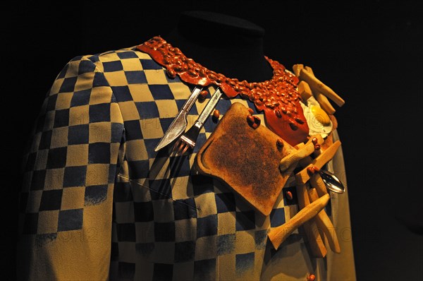 Costume, detail, with toast, fried egg, chips and cutlery for a theatre play in 1996 at the