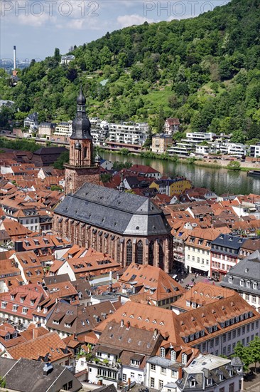 View of Heidelberg with the Heiliggeistkirche from the garden of Heidelberg Castle, Heidelberg,