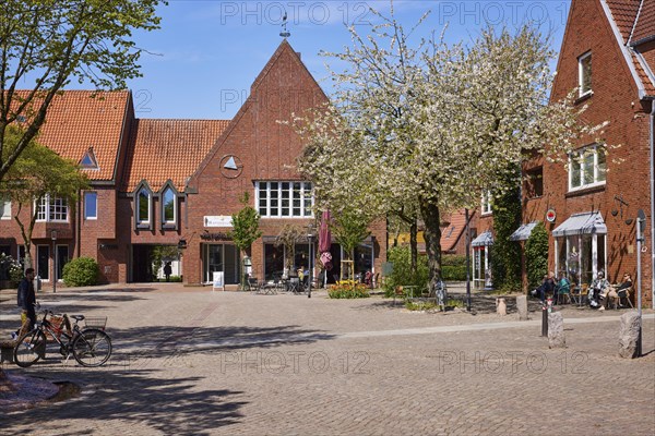 Town hall square with entrance to the Ratskeller restaurant and town hall in Niebuell,