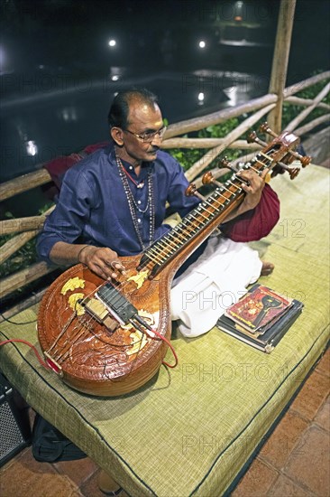 Indian man playing the long-necked lute or Sarasvati vina, Thekkady, Kerala, India, Asia