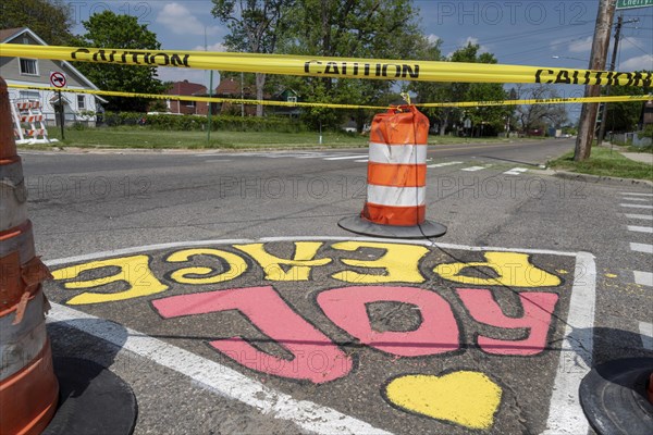 Detroit, Michigan, Artists and students from Noble Elementary-Middle School painted designs on