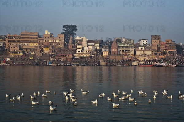 Varanasi cityscape from the Ganges river, India. Varanasi is the main pilgrimage site for hindus