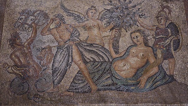 Antique mosaic of a scene with mermaids and sea creatures, Poseidon pursues Polybotes, stone