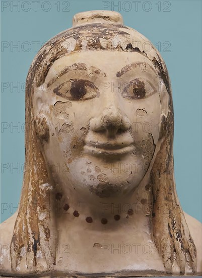 Aryballos, Ceramic vessel, motif cropped, background AI generated, Ancient sculpture of a smiling