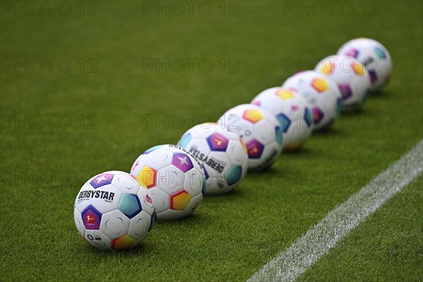 Adiadas Derbystar match balls on the pitch, PreZero Arena, Sinsheim, Baden-Wuerttemberg, Germany,