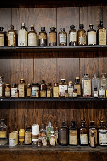 Fort Dodge, Iowa, Medicines on the shelves of Schwarz Drug Store at the Fort Museum and Frontier