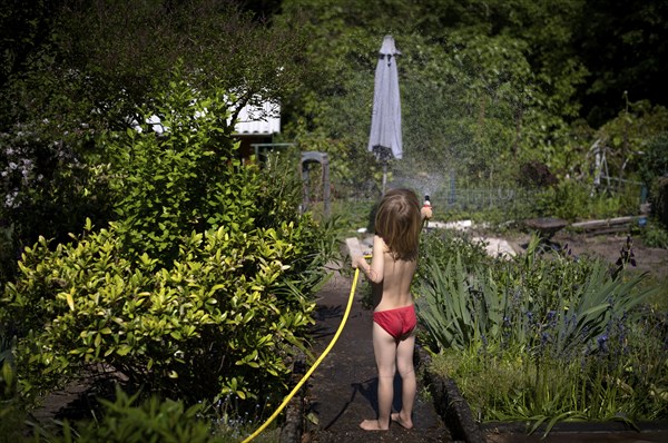 Boy, 5 years, blond, swimming trunks, watering flowers, spraying with garden hose, garden, summer,